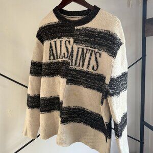 All Saints Men's Sweater Lexi Saints Crew Neck Wool Blend Ecru/Black Size Large